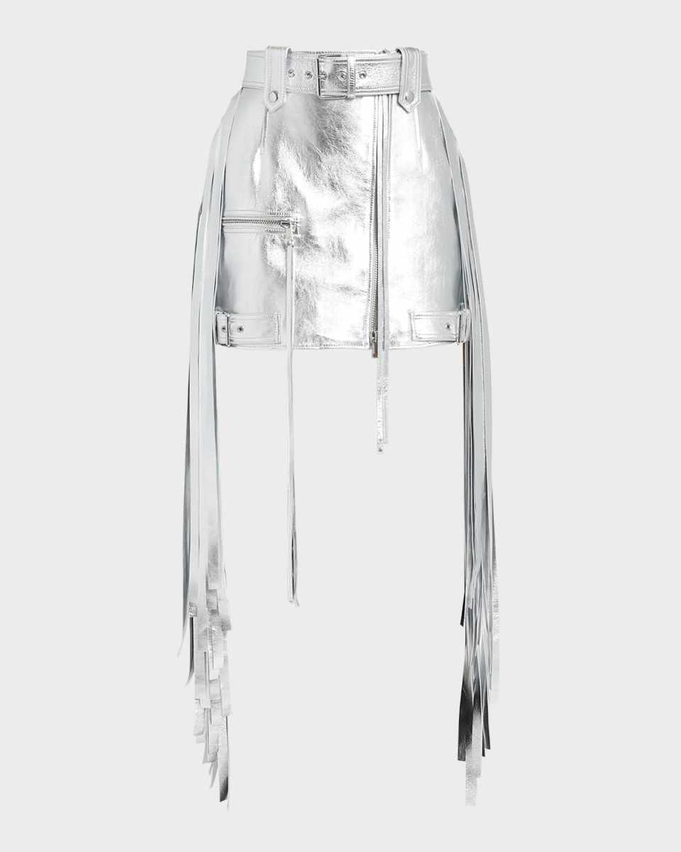 Metallic Leather Fringe Mini Biker Skirt